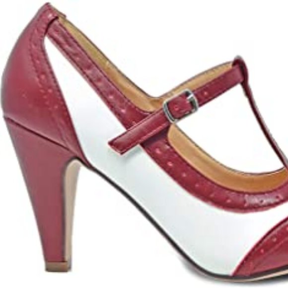 🌟 Chase + Chloe || 3.5"  Kimmy-51 T-Strap Pump - Burgundy/White - Picture 5 of 6